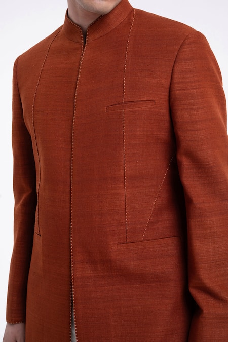 Dhruv Vaish_Orange Silk Embroidery Thread Detail Panel Sherwani Set _Online_at_Aza_Fashions