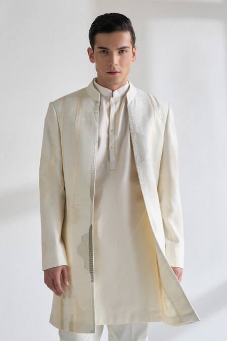 Shop_Dhruv Vaish_Ivory Silk, Chanderi Zari, Embroidery Front Open Sherwani Set _Online_at_Aza_Fashions