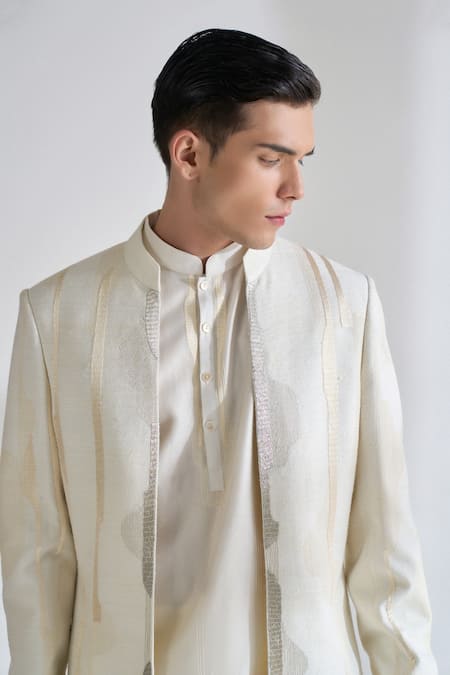 Dhruv Vaish_Ivory Silk, Chanderi Zari, Embroidery Front Open Sherwani Set _at_Aza_Fashions