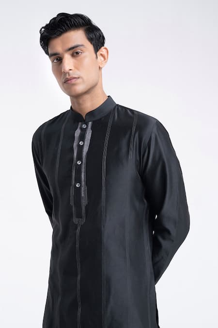 Dhruv Vaish_Black Silk, Chanderi Zari, Embroidery Front Open Sherwani Set _Online_at_Aza_Fashions