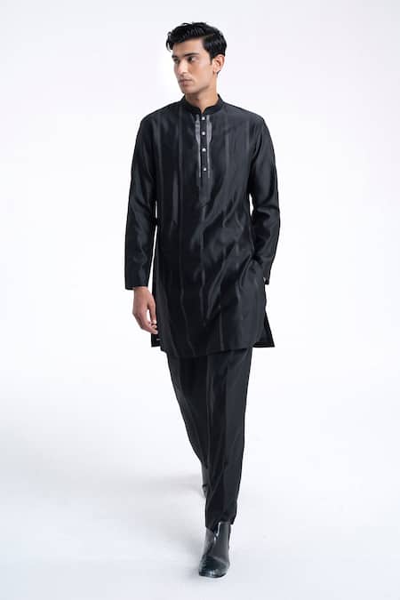 Shop_Dhruv Vaish_Black Silk, Chanderi Zari, Embroidery Front Open Sherwani Set _Online_at_Aza_Fashions