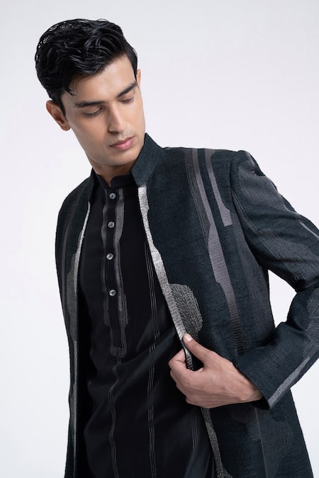 Dhruv Vaish_Black Silk, Chanderi Zari, Embroidery Front Open Sherwani Set _at_Aza_Fashions