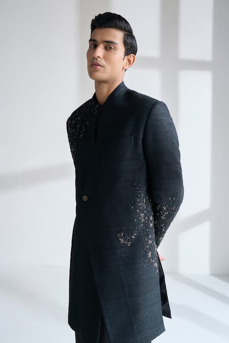 Dhruv Vaish_Black Silk Embroidery Hand Sherwani Set _Online_at_Aza_Fashions