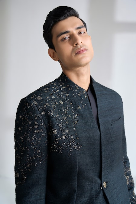 Buy_Dhruv Vaish_Black Silk Embroidery Hand Sherwani Set _Online_at_Aza_Fashions
