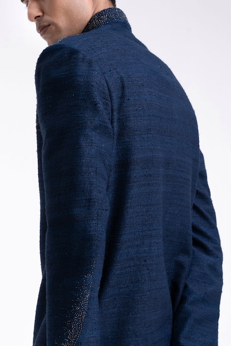 Dhruv Vaish_Navy Silk Beads, Stones High Neck Embroidered Sherwani Set _Online_at_Aza_Fashions
