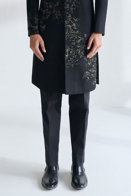 Dhruv Vaish_Black Silk Embroidery, Metallic Thread Sherwani Set _Online_at_Aza_Fashions