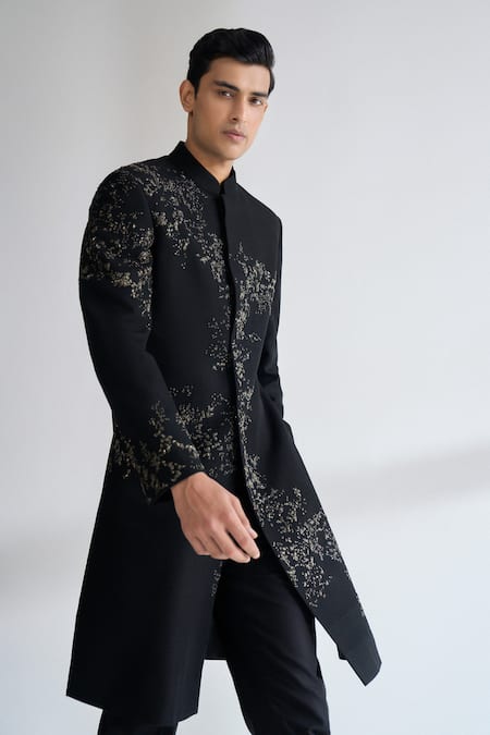 Buy_Dhruv Vaish_Black Silk Embroidery, Metallic Thread Sherwani Set _Online_at_Aza_Fashions