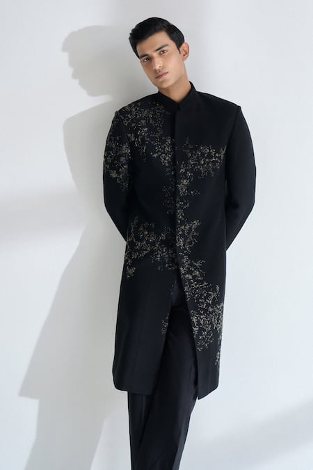Shop_Dhruv Vaish_Black Silk Embroidery, Metallic Thread Sherwani Set _Online_at_Aza_Fashions