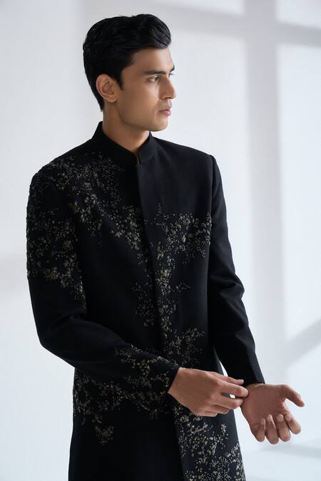 Dhruv Vaish_Black Silk Embroidery, Metallic Thread Sherwani Set _at_Aza_Fashions