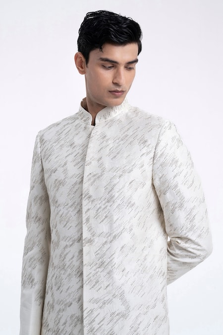 Dhruv Vaish_Ivory Silk Embroidery Diagonal Sherwani Set _Online_at_Aza_Fashions