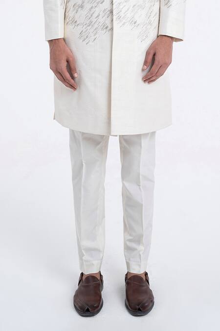 Buy_Dhruv Vaish_Ivory Silk Embroidery Diagonal Sherwani Set _Online_at_Aza_Fashions