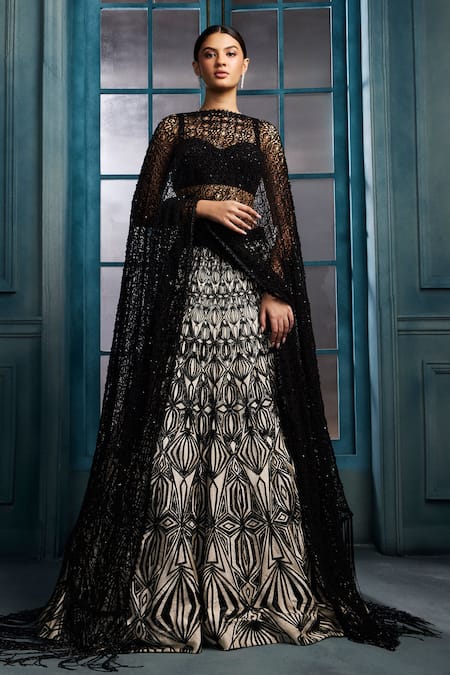 Ritika Mirchandani_Black Crepe, Georgette, Net Embroidery, Crystals, Metallic Orion Lehenga Set _Online_at_Aza_Fashions