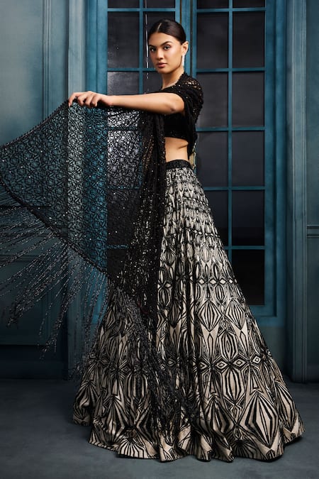 Buy_Ritika Mirchandani_Black Crepe, Georgette, Net Embroidery, Crystals, Metallic Orion Lehenga Set _Online_at_Aza_Fashions