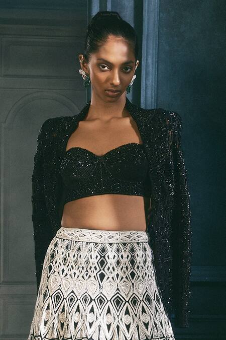 Ritika Mirchandani_Black Georgette, Net, Crepe Embroidery, Crystals, Raven Blazer Lehenga Set _Online_at_Aza_Fashions