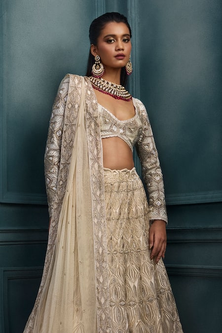 Ritika Mirchandani_Ivory Crepe, Georgette, Net Embroidery, Crystals, Victoria Lehenga Set _Online_at_Aza_Fashions
