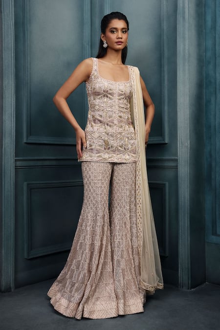 Ritika Mirchandani_Ivory Crepe, Georgette, Net Crystals, Bugle And Thread Kurta Sharara Set _Online_at_Aza_Fashions