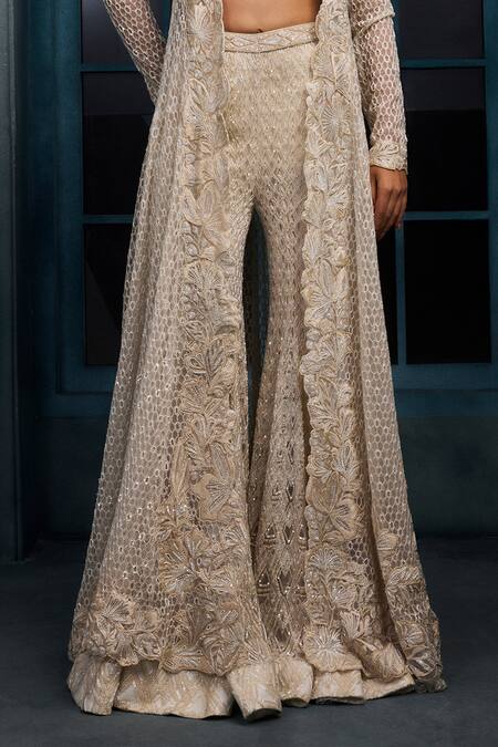 Buy_Ritika Mirchandani_Ivory Crepe, Georgette, Net Crystals, Nectar Honeycomb Jacket Sharara Set _Online_at_Aza_Fashions