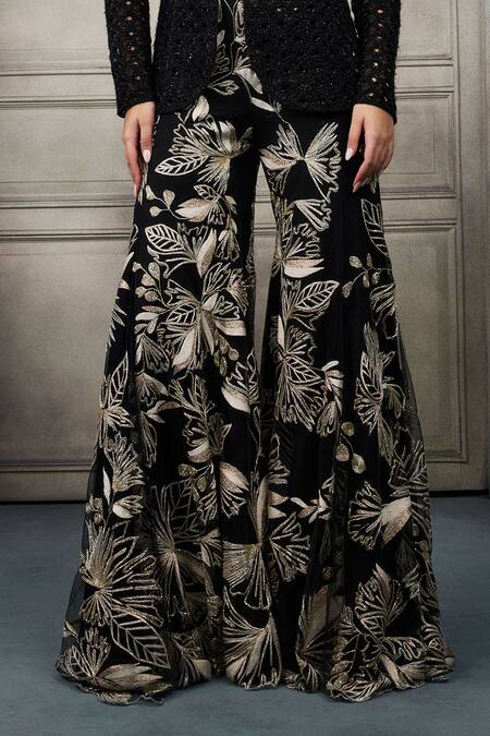 Buy_Ritika Mirchandani_Black Crepe, Georgette, Net Crystals, Brigerton Checks Blazer And Sharara Set _Online_at_Aza_Fashions