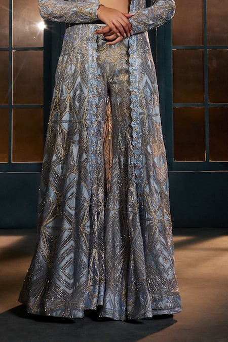 Buy_Ritika Mirchandani_Ivory Crepe, Georgette, Net Crystals, Bella Floral Jacket Sharara Set _Online_at_Aza_Fashions