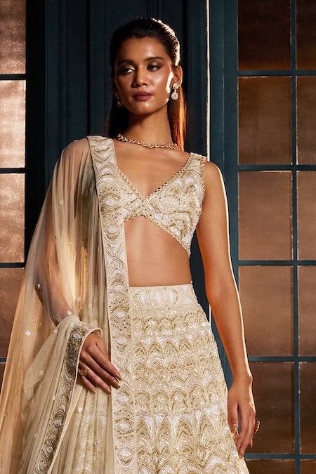 Ritika Mirchandani_Ivory Crepe, Georgette, Net Embroidery, Crystals, Mesmera Bridal Lehenga Set _Online_at_Aza_Fashions