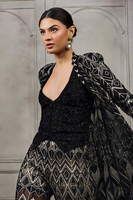 Ritika Mirchandani_Black Crepe, Georgette, Net Crystals, Bridget Hexagon Jacket Sharara Set _Online_at_Aza_Fashions