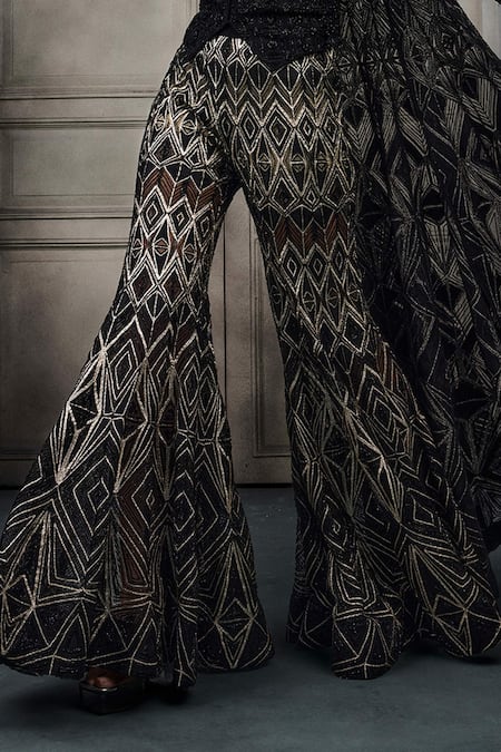 Buy_Ritika Mirchandani_Black Crepe, Georgette, Net Crystals, Bridget Hexagon Jacket Sharara Set _Online_at_Aza_Fashions