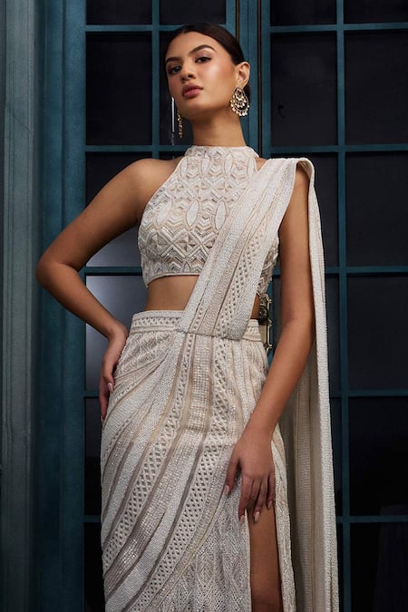 Ritika Mirchandani_Ivory Crepe, Georgette, Net Embroidery, Rare Blouse With Lehenga Saree _Online_at_Aza_Fashions