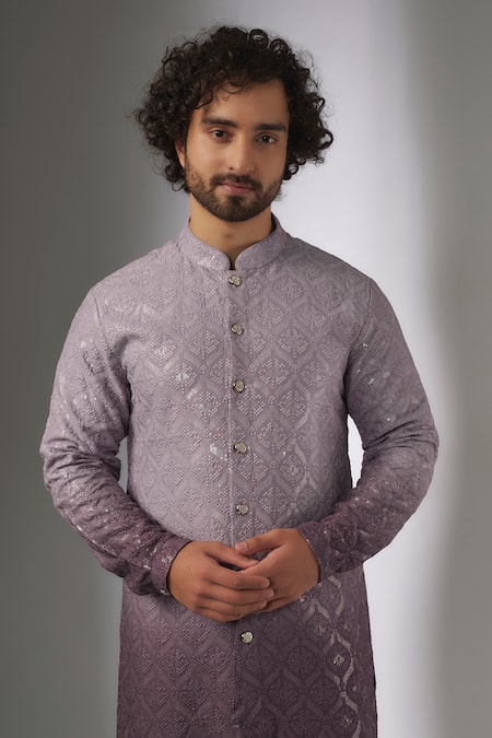 Buy_SALIL BHATIA_Purple Silk, Modal, Satin Sequins Chakor Boota Ombre Embellished Kurta Set _Online_at_Aza_Fashions