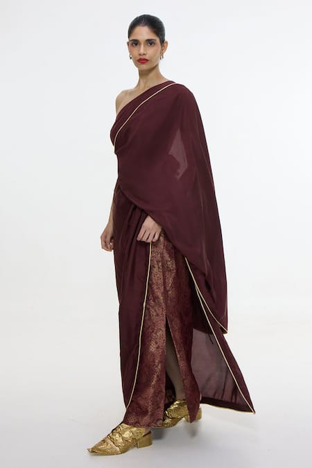 Buy_Ekaya Banaras_Burgundy Silk Handwoven Pre-draped Pant Saree Set _Online_at_Aza_Fashions