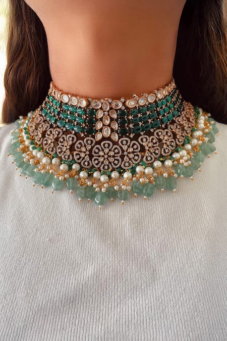 PRERTO Jahanara Emerald & Polki Necklace Set 
