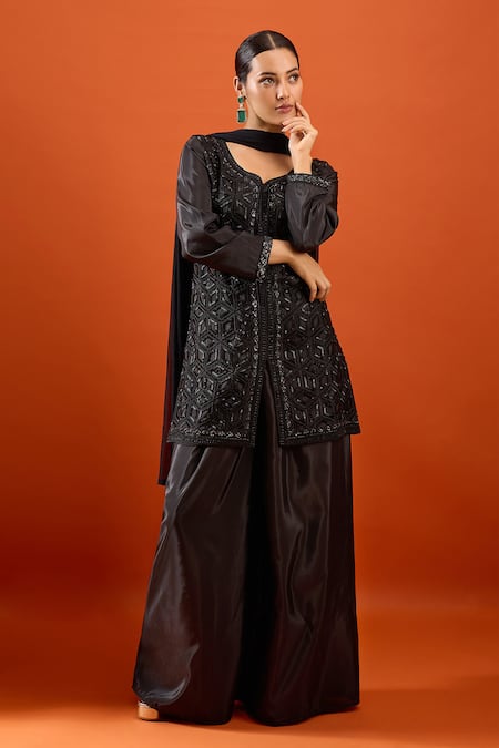Samyukta Singhania_Black Crepe Embroidery, Sequins V-neck Kurta Sharara Set _at_Aza_Fashions