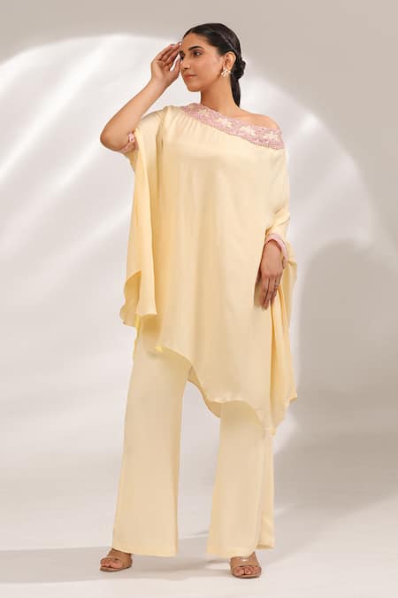 Laxmishriali Citrine One Shoulder Kaftan & Pant Set 