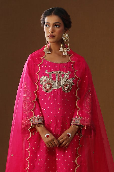 Arpita Sulakshana_Pink Chanderi Silk Embroidery, Zari, Sequins, Gulabi Sindoor Saaj Kurta Set _Online_at_Aza_Fashions