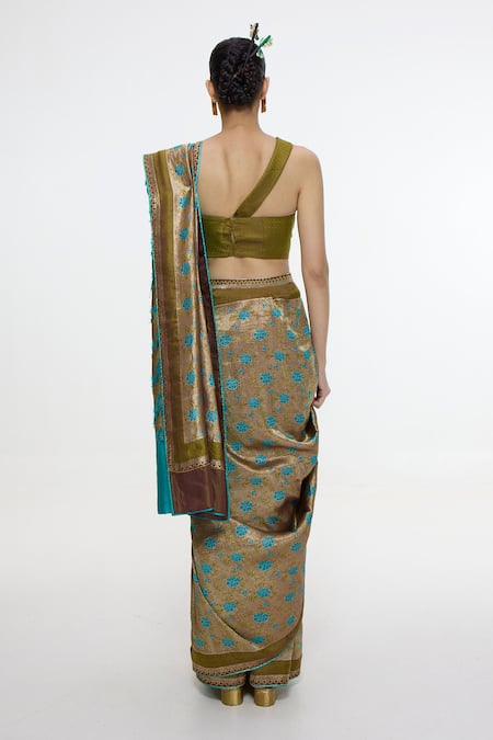 Ekaya Banaras Handwoven Olive Green Saree With Running Blouse 