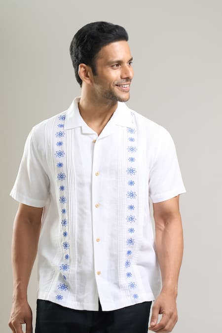 Aryavir Malhotra_Off White Linen, Cotton Embroidery Hand Shirt _at_Aza_Fashions