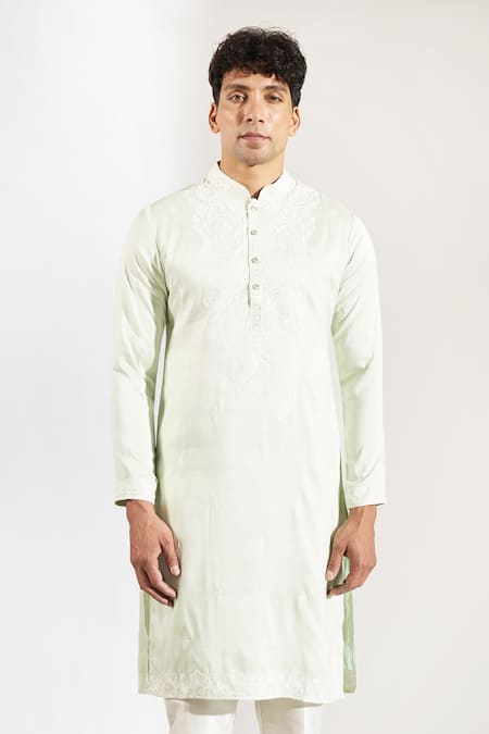 Rng Safawala_Green Crepe, Silk, Dupion Embroidery Chikankari Kurta And Pant Set _Online_at_Aza_Fashions