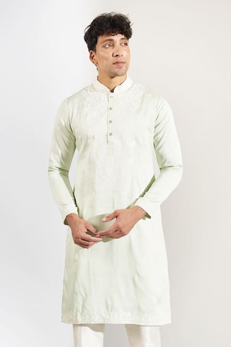 Buy_Rng Safawala_Green Crepe, Silk, Dupion Embroidery Chikankari Kurta And Pant Set _Online_at_Aza_Fashions