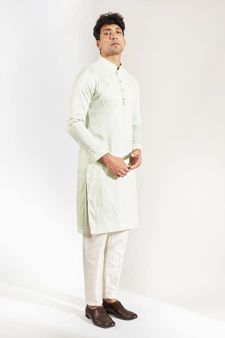 Shop_Rng Safawala_Green Crepe, Silk, Dupion Embroidery Chikankari Kurta And Pant Set _Online_at_Aza_Fashions