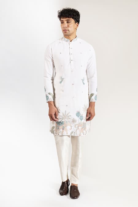 Buy_Rng Safawala_Off White Crepe, Silk, Dupion Embroidery, Resham Elephant And Bird Kurta Set _Online_at_Aza_Fashions