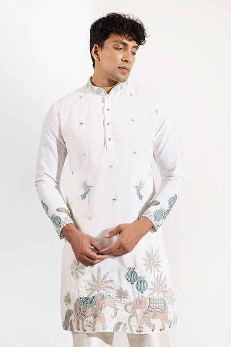 Rng Safawala_Off White Crepe, Silk, Dupion Embroidery, Resham Elephant And Bird Kurta Set _at_Aza_Fashions