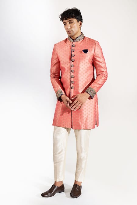 Buy_Rng Safawala_Peach Silk, Dupion Embroidery Dabka And Resham Achkan Set _Online_at_Aza_Fashions