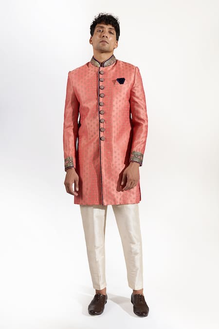 Rng Safawala_Peach Silk, Dupion Embroidery Dabka And Resham Achkan Set _at_Aza_Fashions
