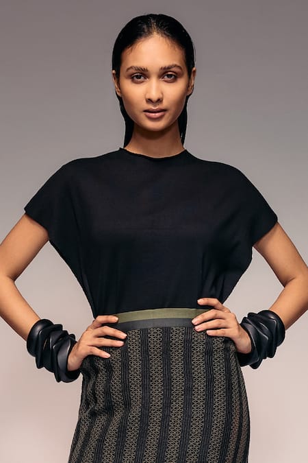 Buy_Kritika Murarka_Olive Green Cotton, Net Stripe Maxi Skirt _Online_at_Aza_Fashions