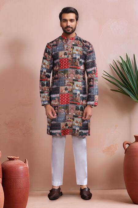 Arihant Rai Sinha_Black Cotton, Silk Woven Panel Digital Print Kurta And Pant Set _Online_at_Aza_Fashions