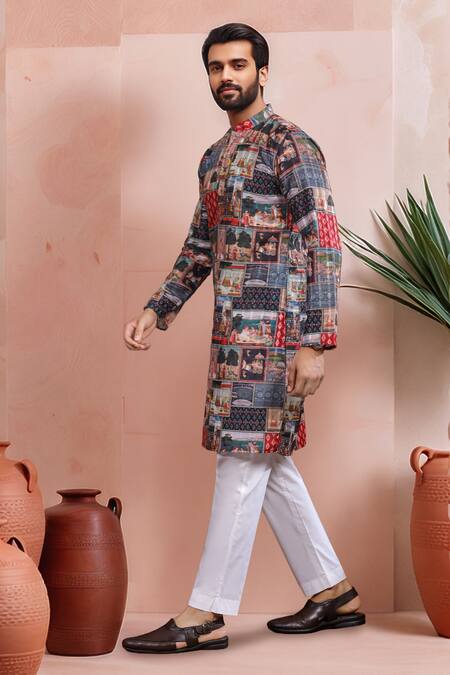 Buy_Arihant Rai Sinha_Black Cotton, Silk Woven Panel Digital Print Kurta And Pant Set _Online_at_Aza_Fashions