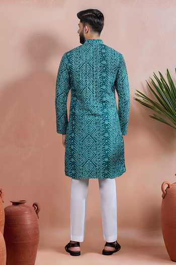 Shop Arihant Rai Sinha Teal Cotton, Silk Woven Panel Digital Printed Kurta And Pant Set at Aza Fashions Shop_Arihant Rai Sinha_Teal Cotton, Silk Woven Panel Digital Printed Kurta And Pant Set _at_Aza_Fashions