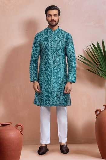 Arihant Rai Sinha Teal Cotton, Silk Woven Panel Digital Printed Kurta And Pant Set Online at Aza Fashions Arihant Rai Sinha_Teal Cotton, Silk Woven Panel Digital Printed Kurta And Pant Set _Online_at_Aza_Fashions