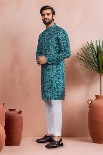 Buy Arihant Rai Sinha Teal Cotton, Silk Woven Panel Digital Printed Kurta And Pant Set Online at Aza Fashions Buy_Arihant Rai Sinha_Teal Cotton, Silk Woven Panel Digital Printed Kurta And Pant Set _Online_at_Aza_Fashions