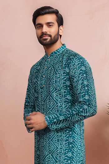Shop Arihant Rai Sinha Teal Cotton, Silk Woven Panel Digital Printed Kurta And Pant Set Online at Aza Fashions Shop_Arihant Rai Sinha_Teal Cotton, Silk Woven Panel Digital Printed Kurta And Pant Set _Online_at_Aza_Fashions