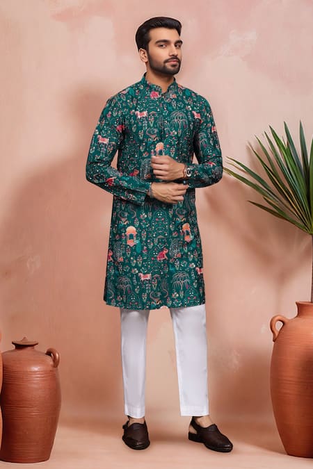 Arihant Rai Sinha Green Cotton, Silk Woven Panel Print Kurta And Pant Set